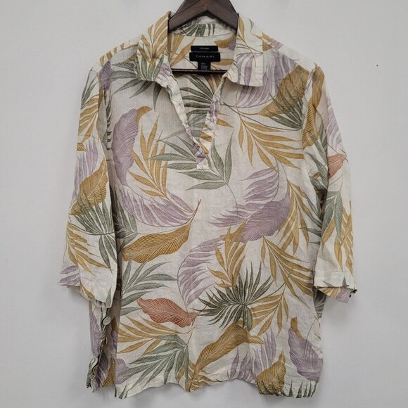 Tahari Tops - Tahari Womens Linen 3/4 Sleeve Collared Top Size 2X Multicolor Beachy Tropical